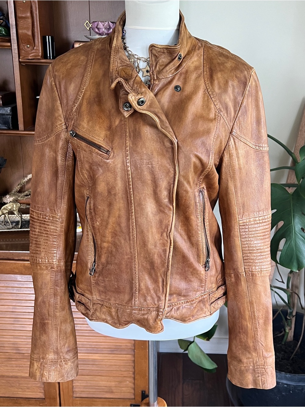 Free People Vintage Distressed Lamb Leather Moto Jacket - Brown/Cognac M